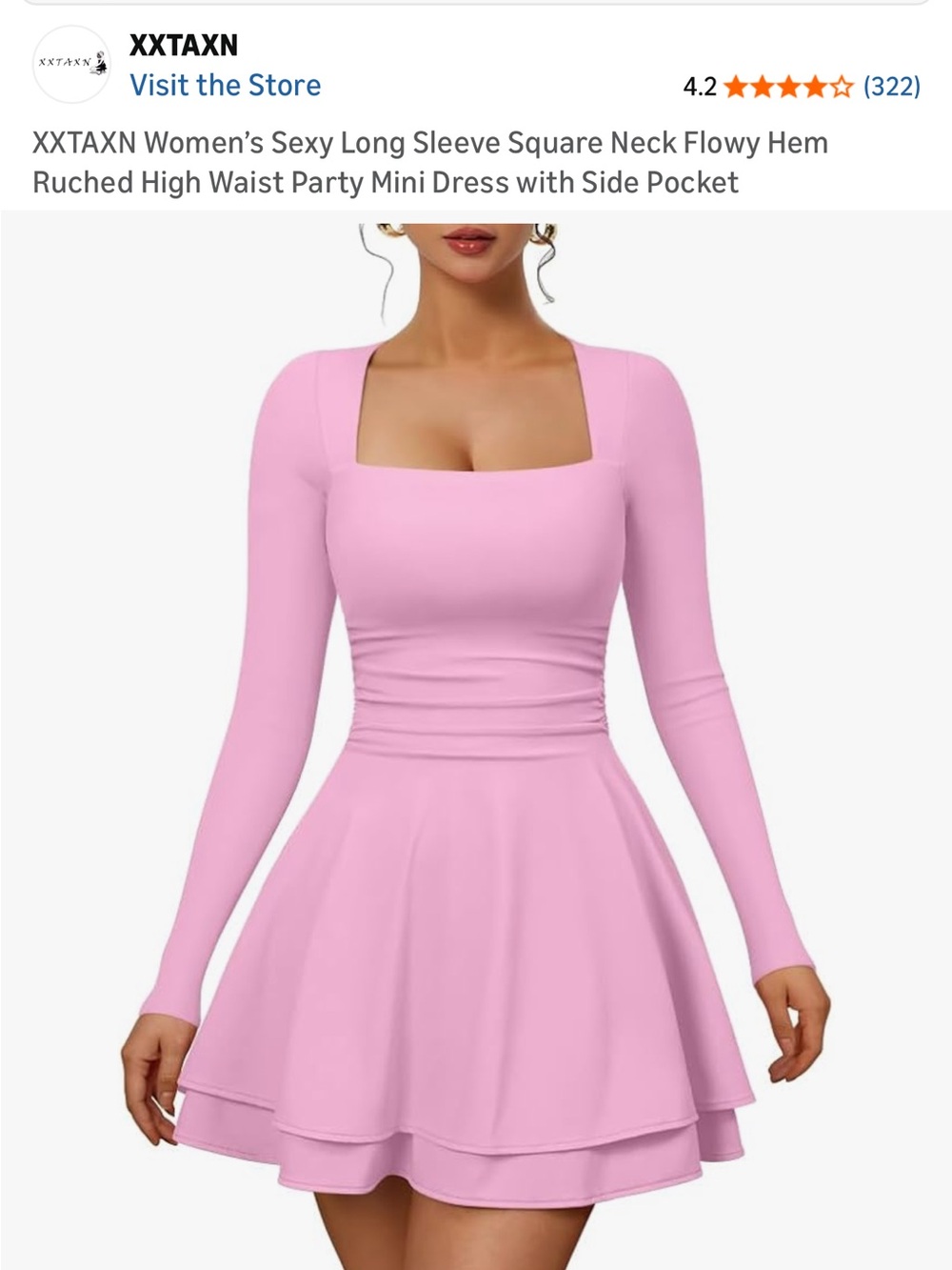 Pink Square Neck Long Sleeve Skater Dress